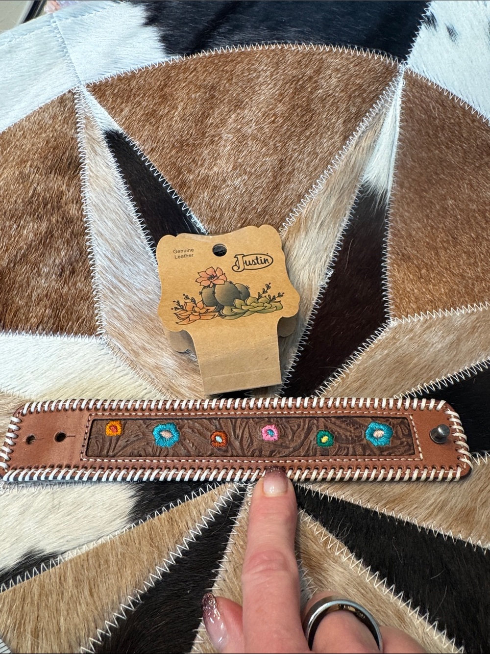 Justin Boots Brown Leather Floral Stitch bracelet cuff with Embroidered Blooms